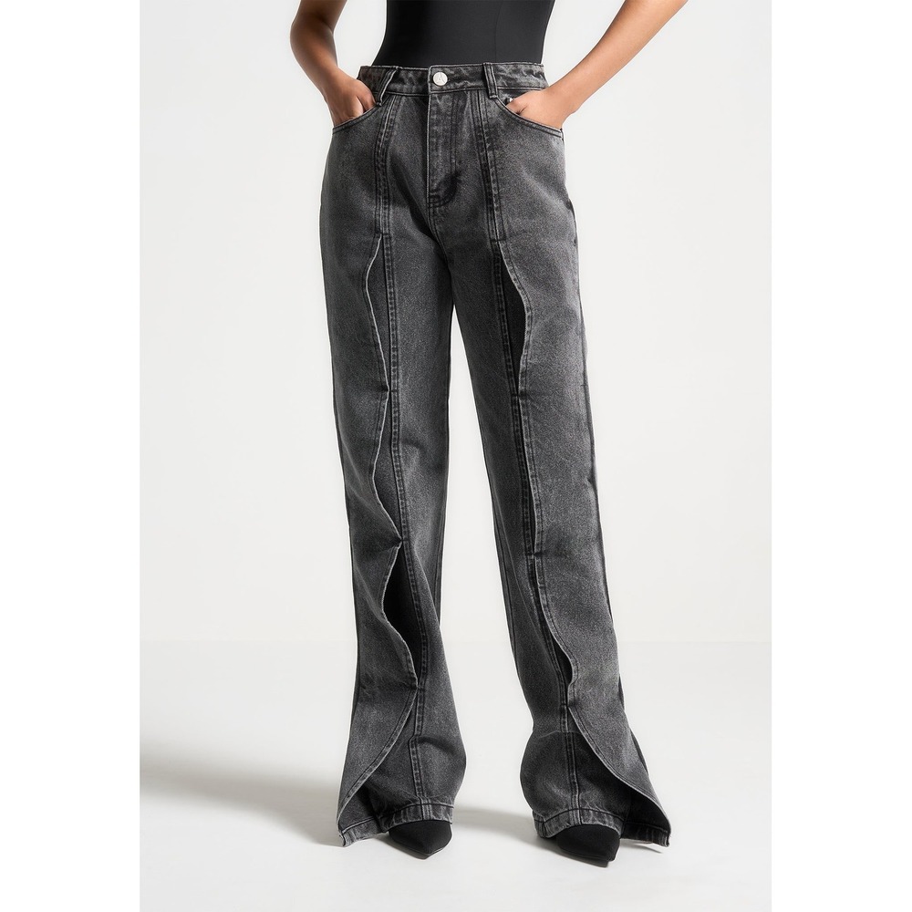 Maniere De Voir Mae Wave Detail Straight Leg Jeans Grey Split Hem Denim Cinch 6
